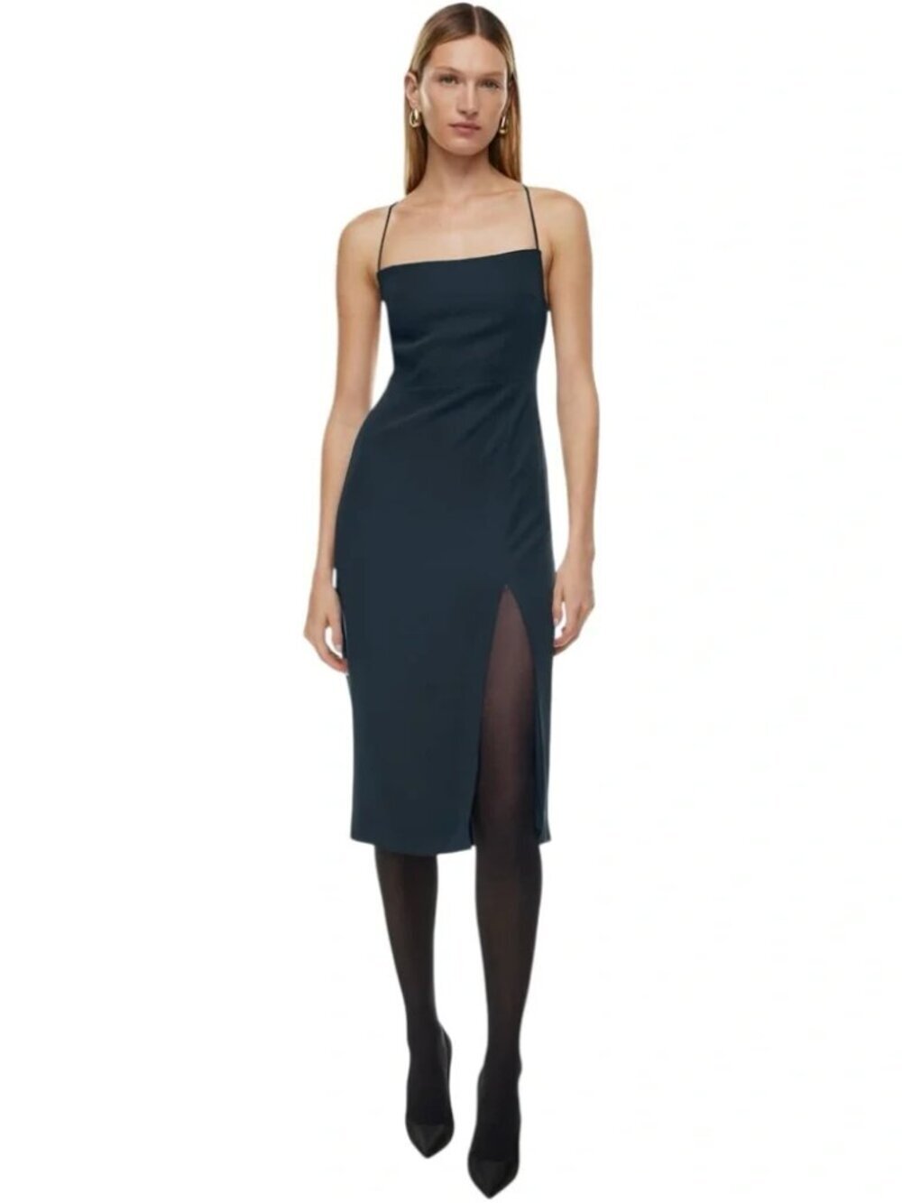Aritzia Babaton Success Dress Midi Slip‎ Minimalist Dark Navy Slit Strappy Sz 2